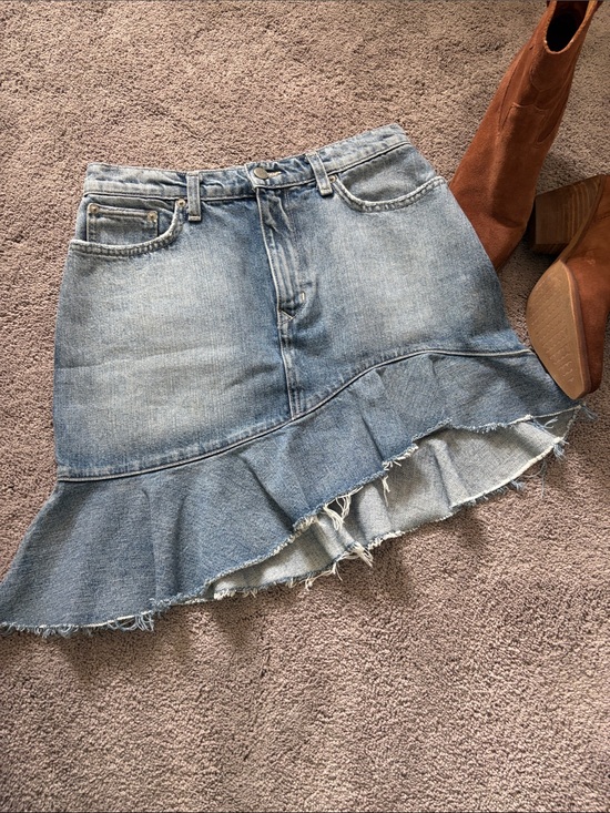 Lovers + Friends Dresses & Skirts - Lovers + Friends Light Blue Asymmetrical Ruffle Denim Mini Skirt